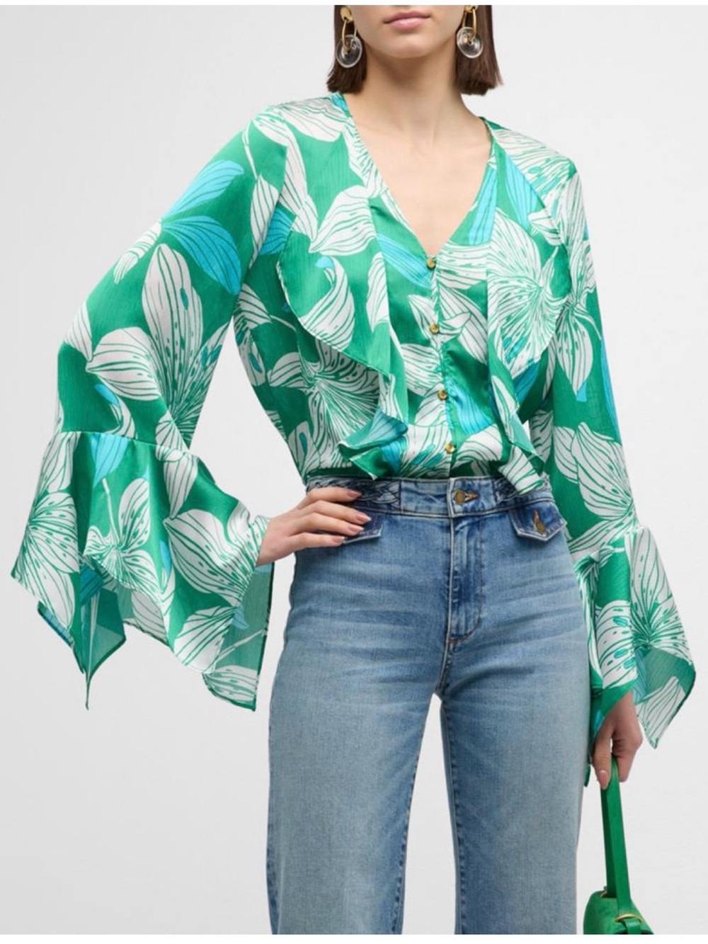 Ramy Brook Savanna Lily-Print Ruffle Button-Front Blouse